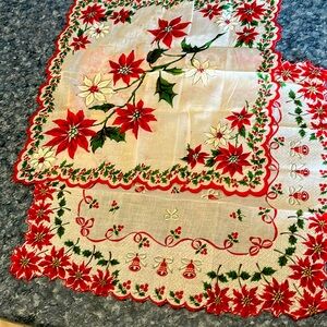 Vintage 2 poinsettia & bells handkerchiefs.  Detailed cut edges. (1950’s??)